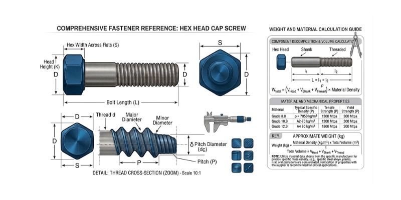  Technical diagram of a hex head cap screw showing bolt dimensions, thread cross-section, pitch measurements, and weight calculation guide.
