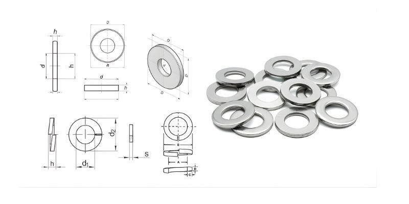 Technical dimensional drawings of washers alongside a group of metal washers on a white background. 